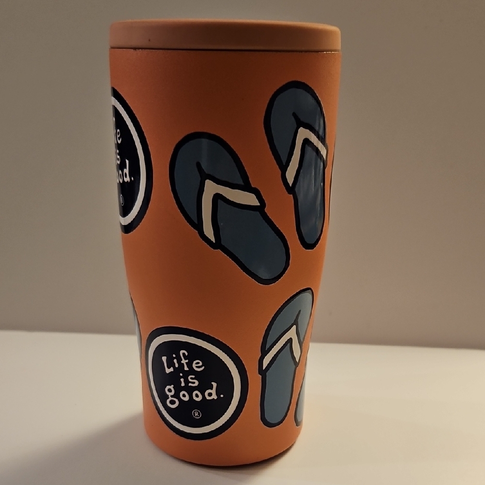Life Is Good Peach Tumbler with Blue Flip Flops